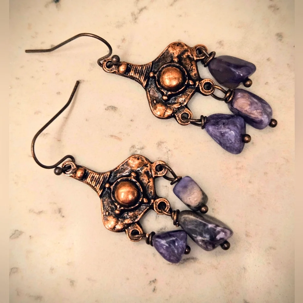 Steppe Warrior's Purple Siberian Charoite In Rugged Antique Copper Earrings - Picture 3 of 8